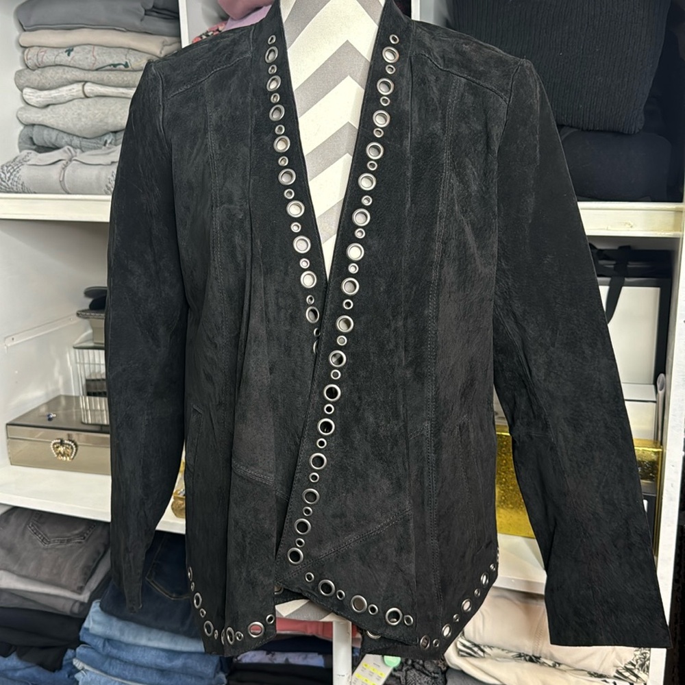 Pamela McCoy Black Suede Grommet-Trim Jacket